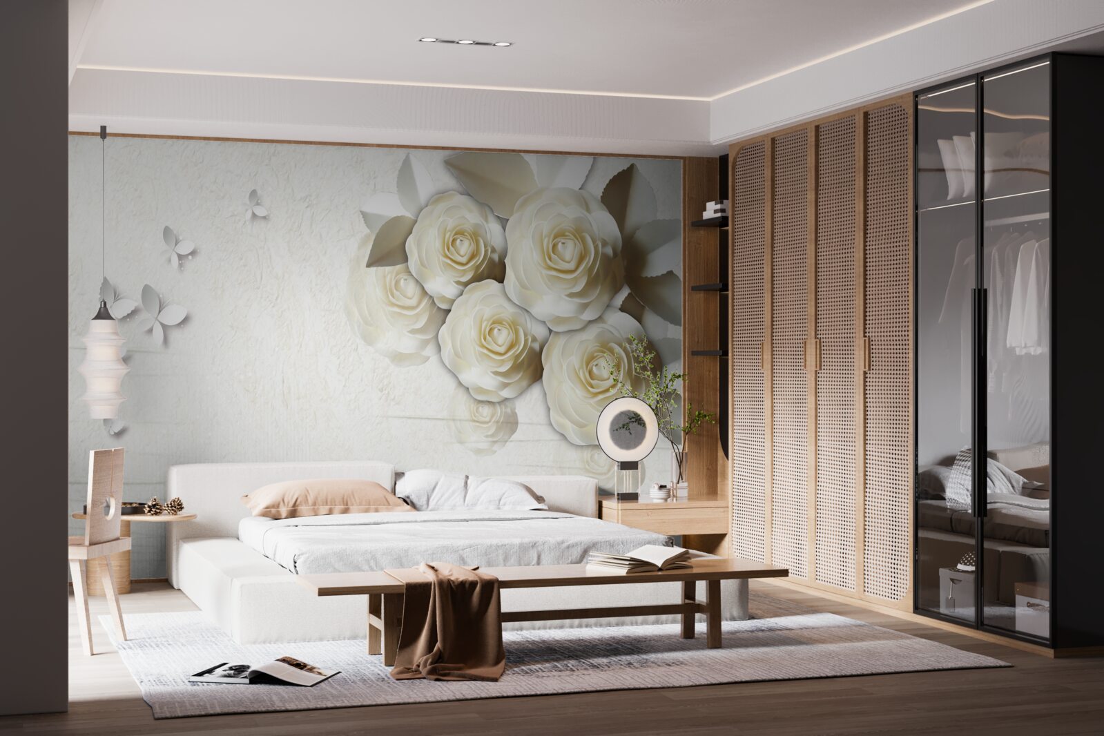 Fotobehang vlinders en sneeuwwitte rozen