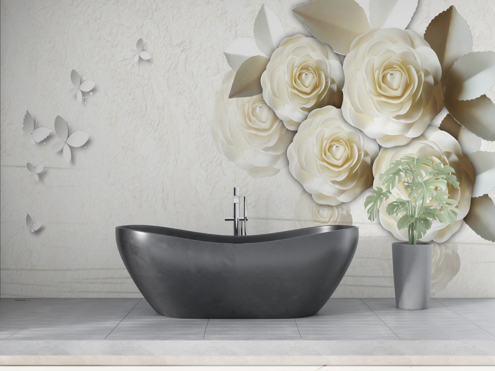 Fotobehang vlinders en sneeuwwitte rozen