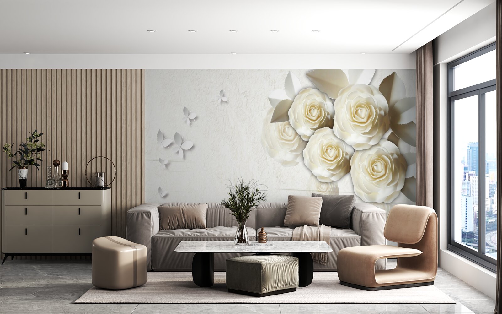 Fotobehang vlinders en sneeuwwitte rozen