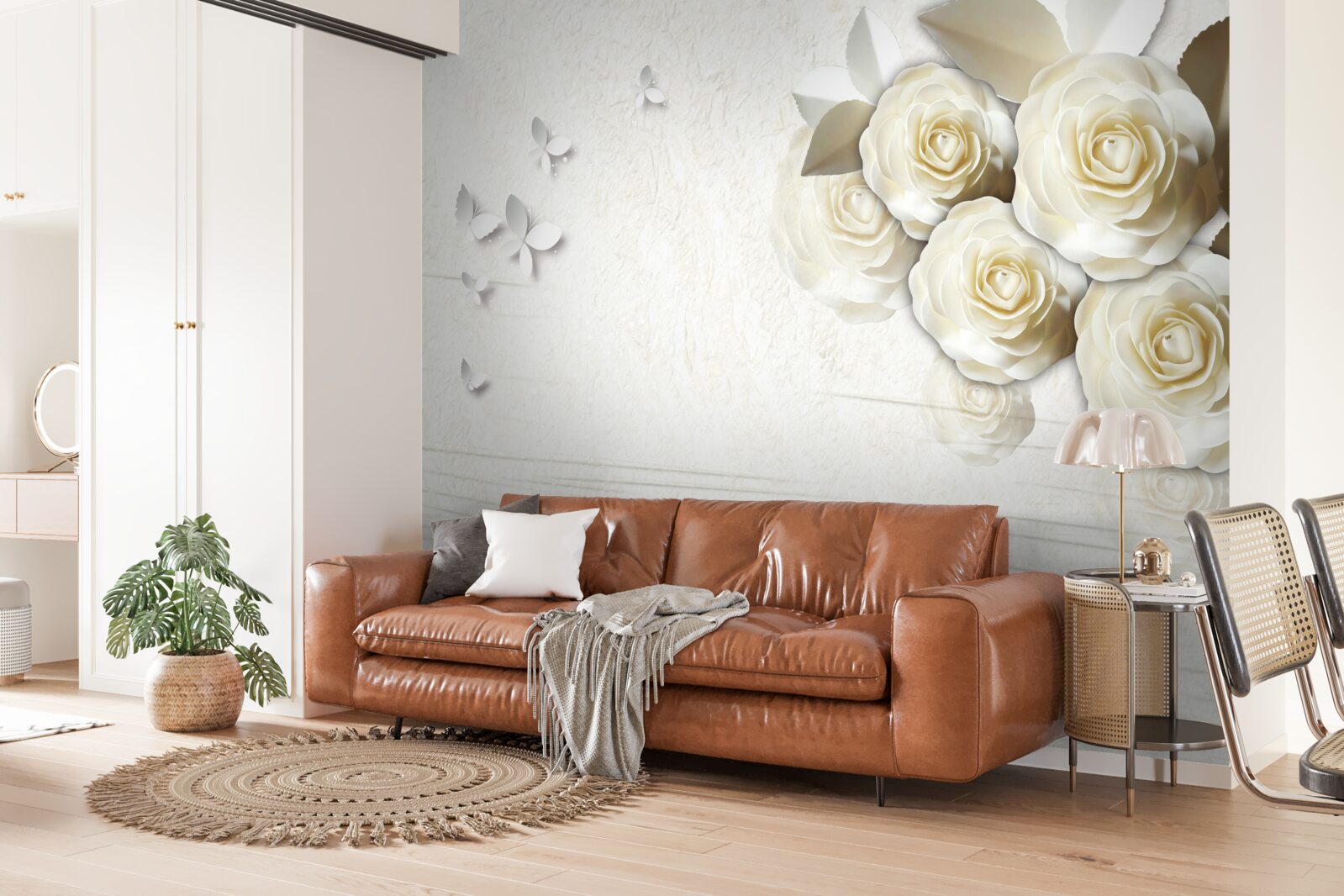 Fotobehang vlinders en sneeuwwitte rozen