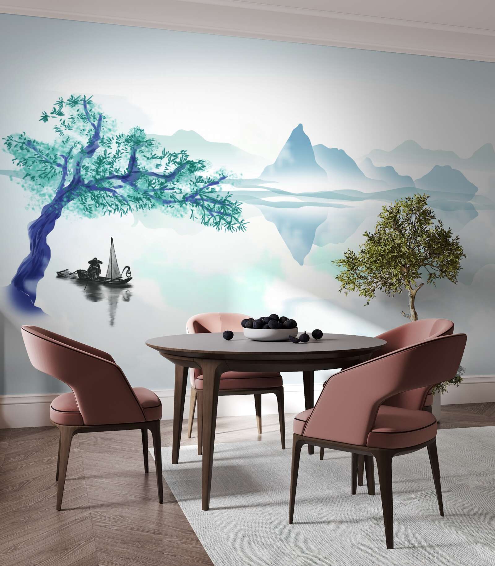 Fotobehang een eenzame visser bij een boomstam aan de oever van een stuwmeer