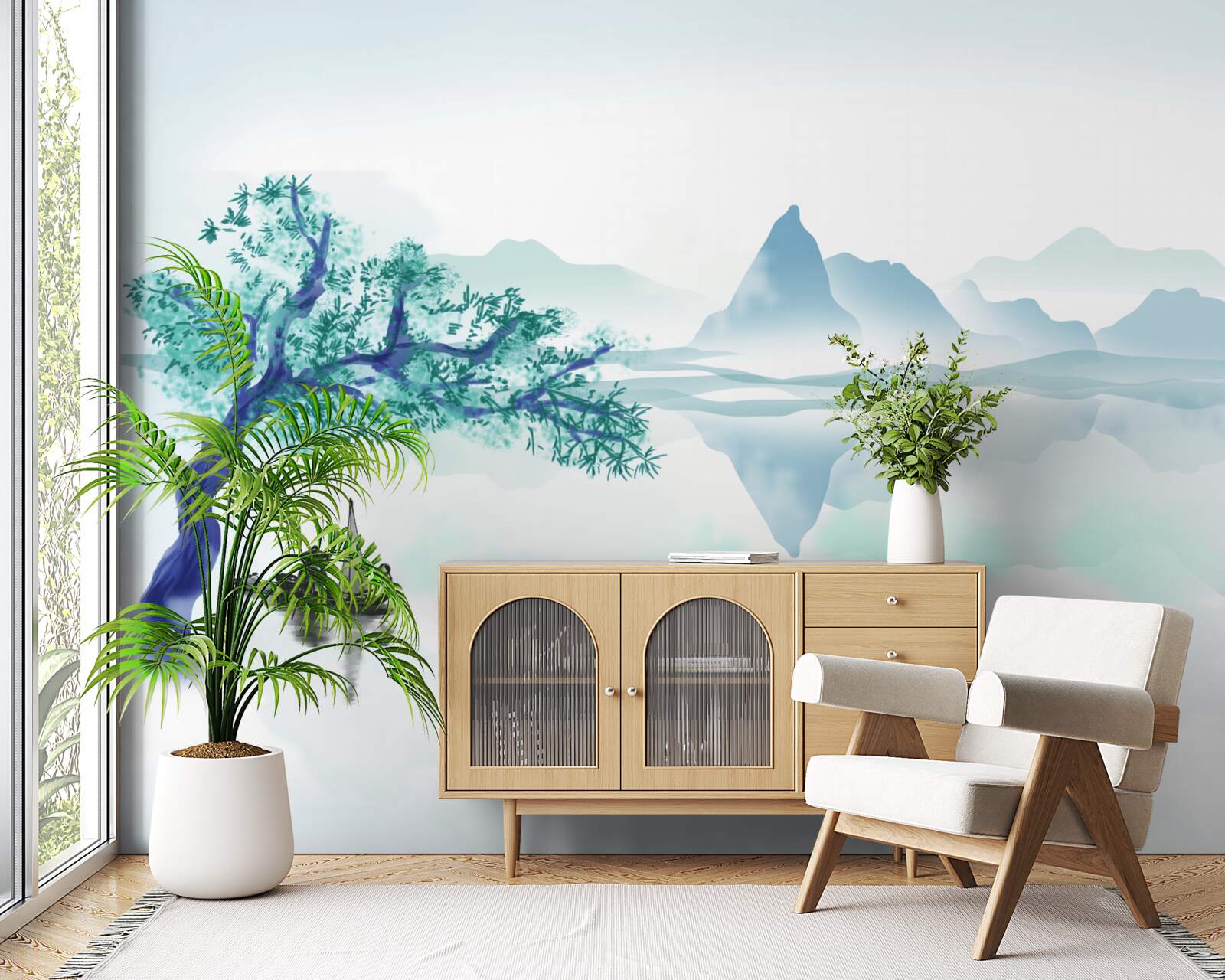 Fotobehang een eenzame visser bij een boomstam aan de oever van een stuwmeer