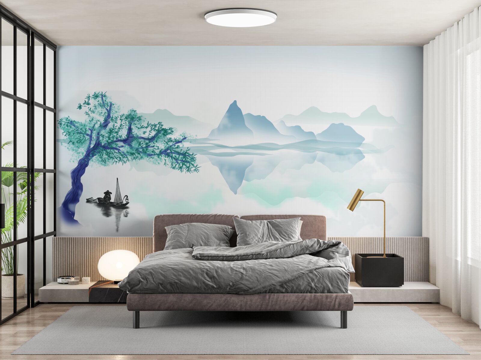 Fotobehang een eenzame visser bij een boomstam aan de oever van een stuwmeer