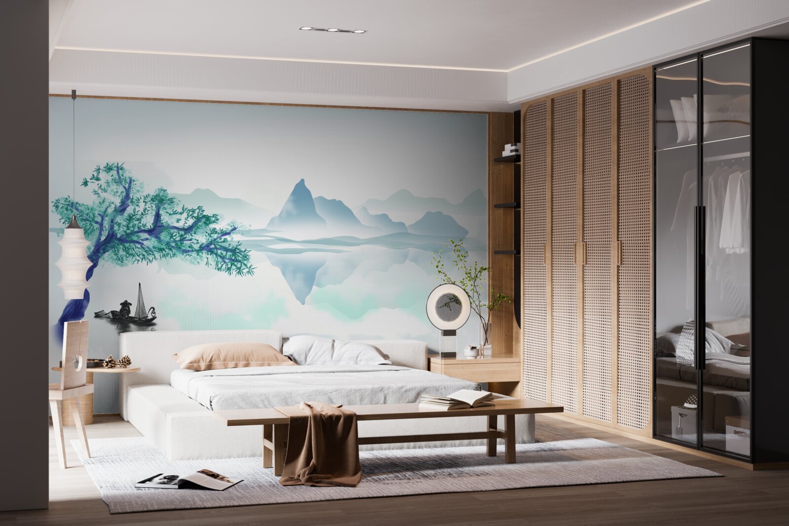 Fotobehang een eenzame visser bij een boomstam aan de oever van een stuwmeer