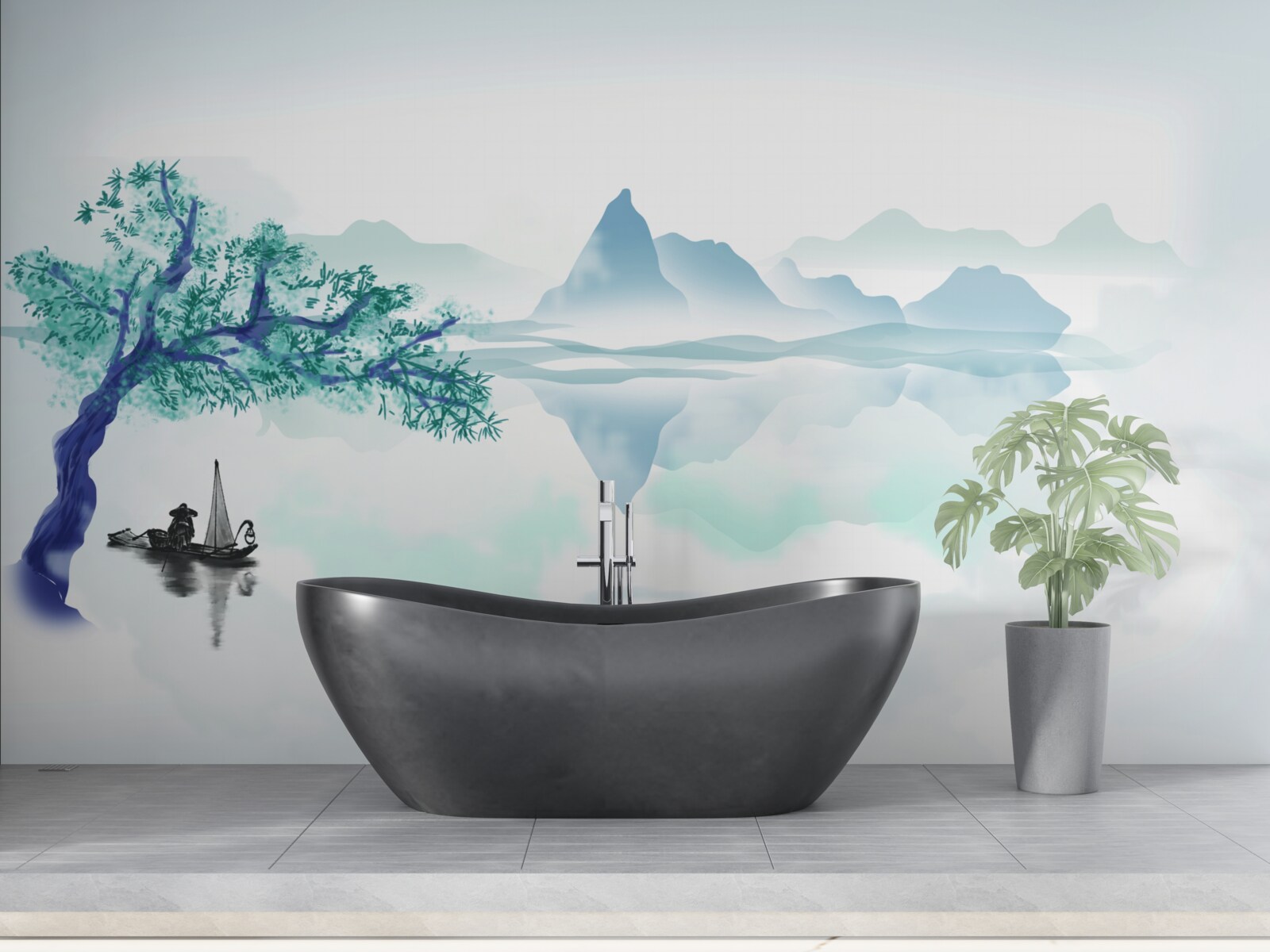 Fotobehang een eenzame visser bij een boomstam aan de oever van een stuwmeer