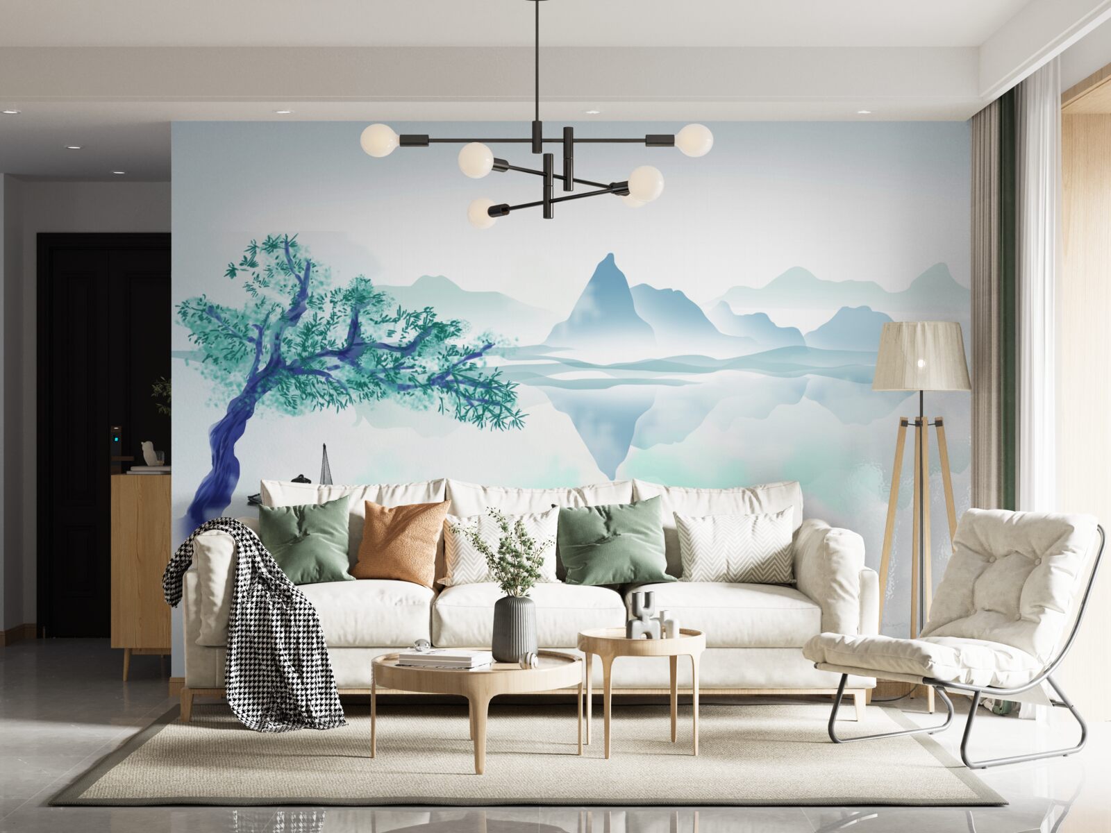 Fotobehang een eenzame visser bij een boomstam aan de oever van een stuwmeer