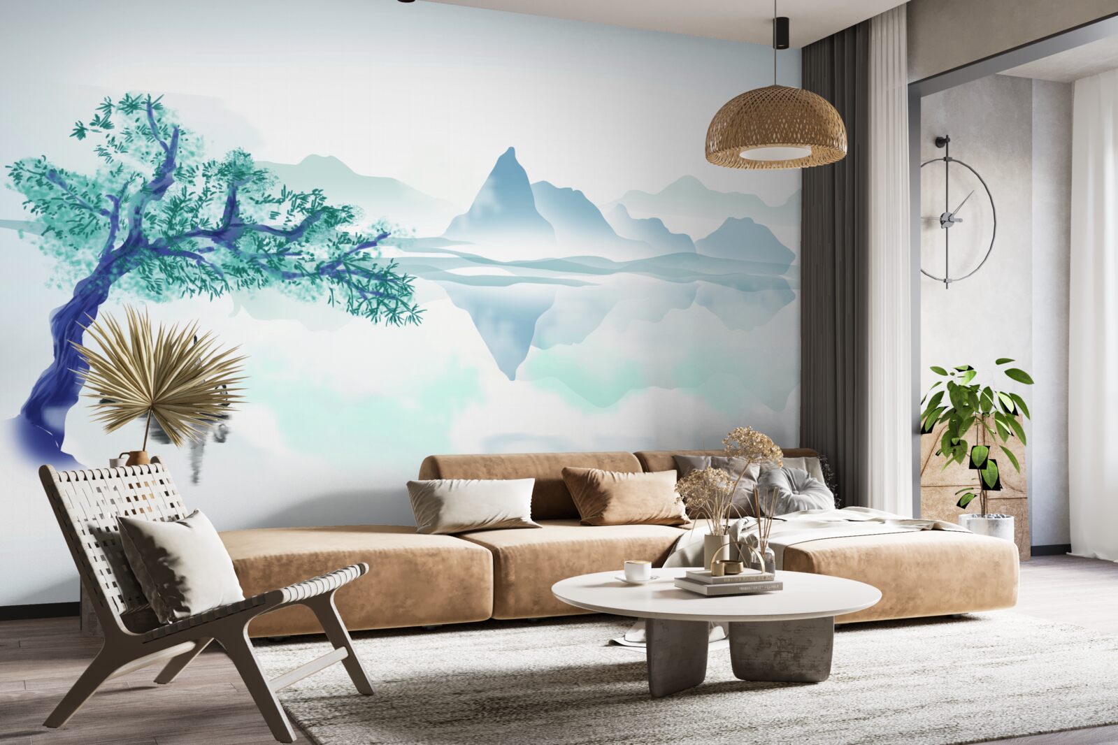 Fotobehang een eenzame visser bij een boomstam aan de oever van een stuwmeer