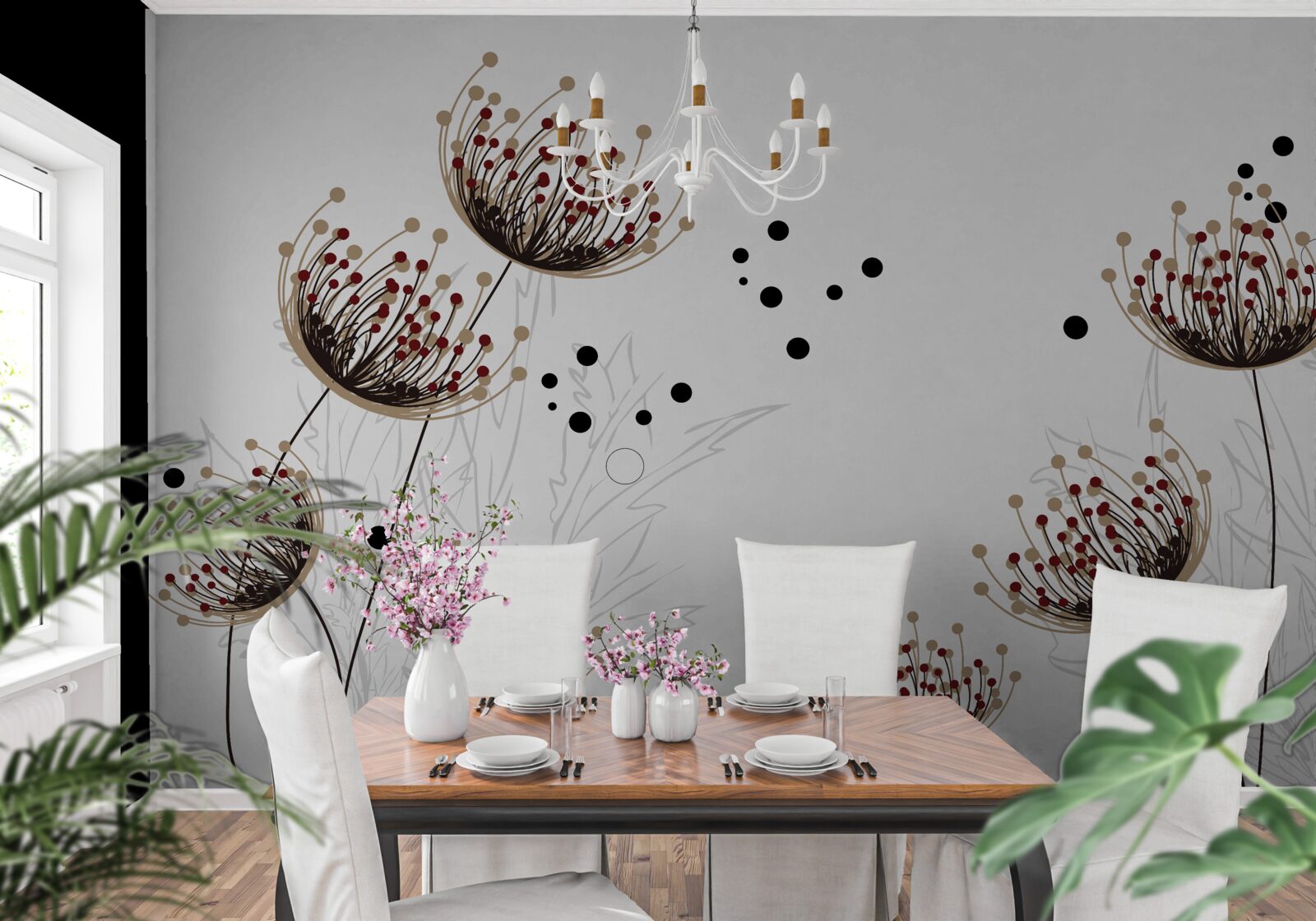 Fotobehang witte achtergrond versierd met paardenbloemen