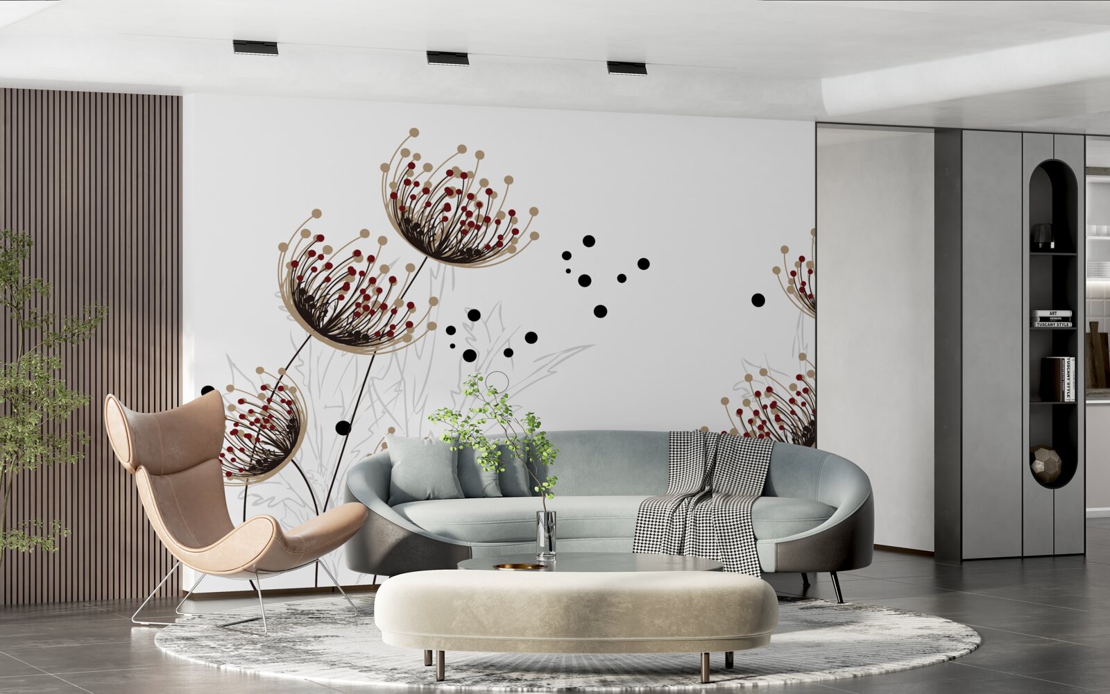 Fotobehang witte achtergrond versierd met paardenbloemen