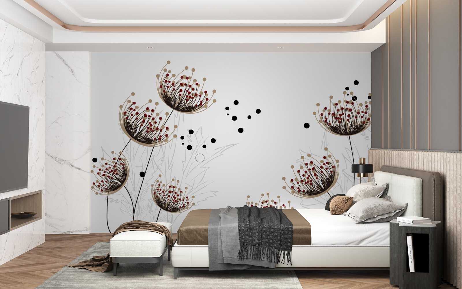 Fotobehang witte achtergrond versierd met paardenbloemen