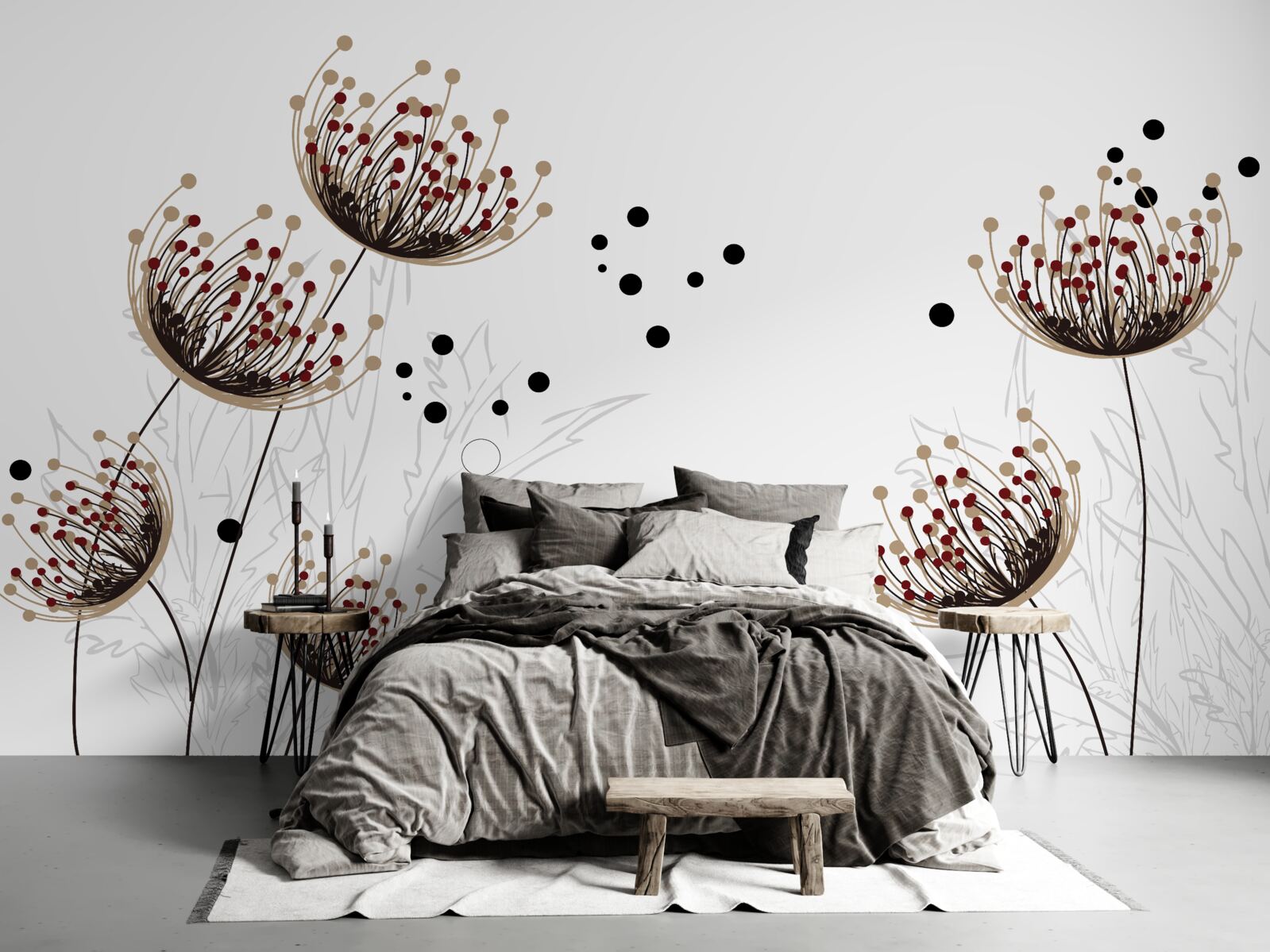 Fotobehang witte achtergrond versierd met paardenbloemen