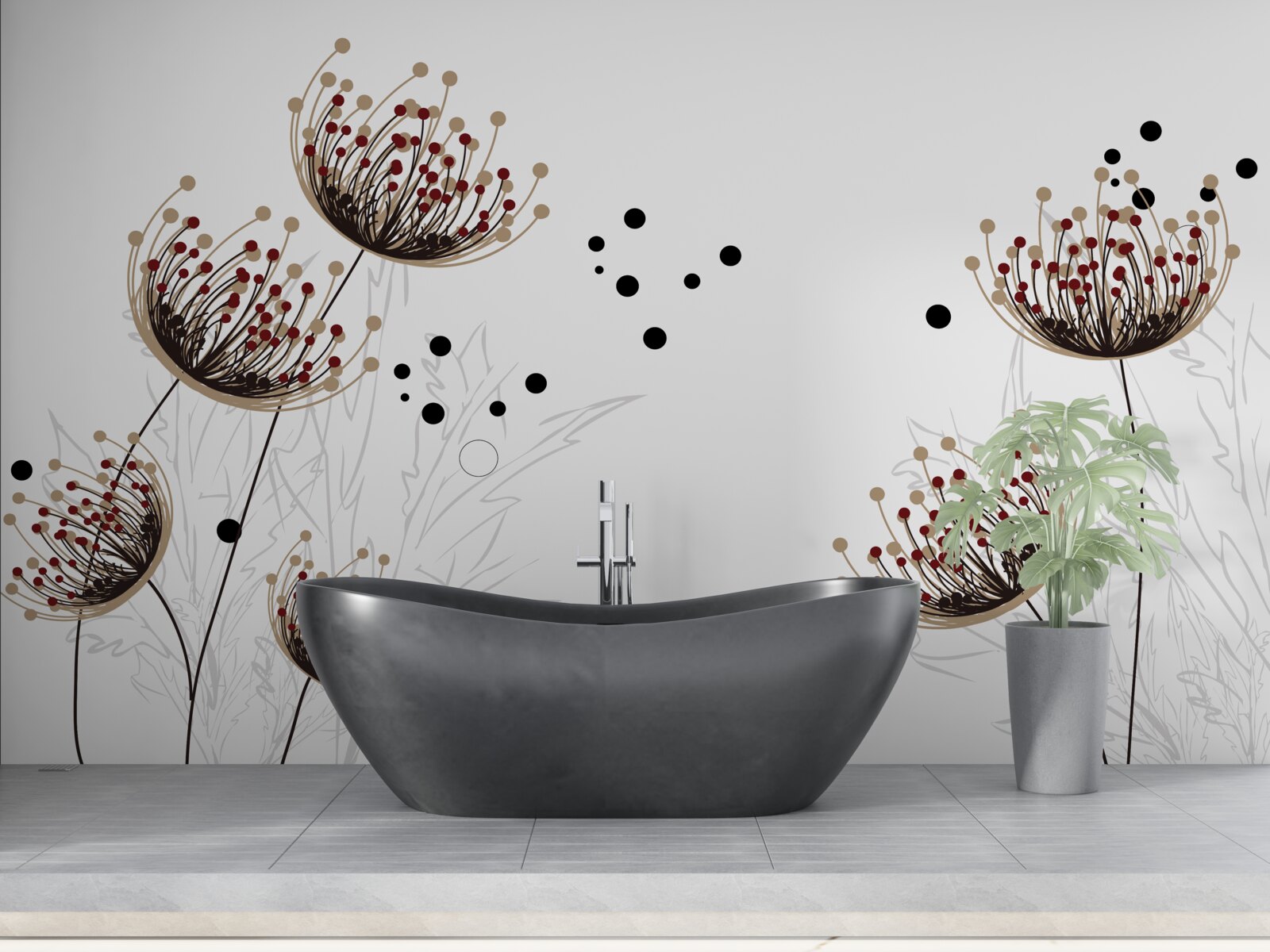 Fotobehang witte achtergrond versierd met paardenbloemen