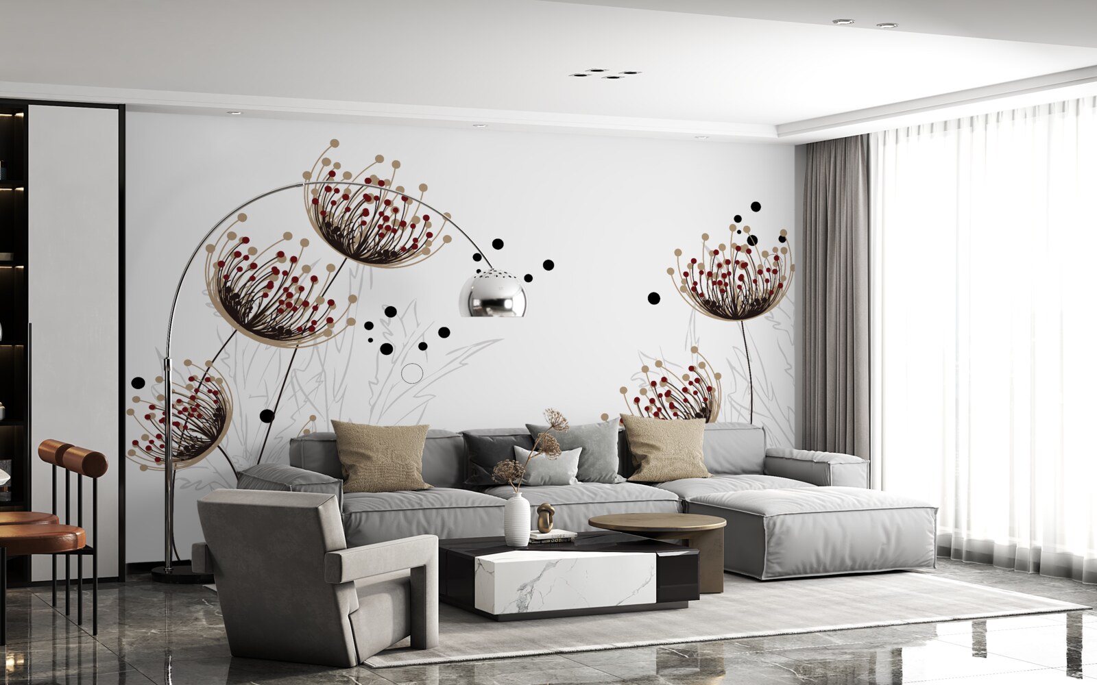 Fotobehang witte achtergrond versierd met paardenbloemen