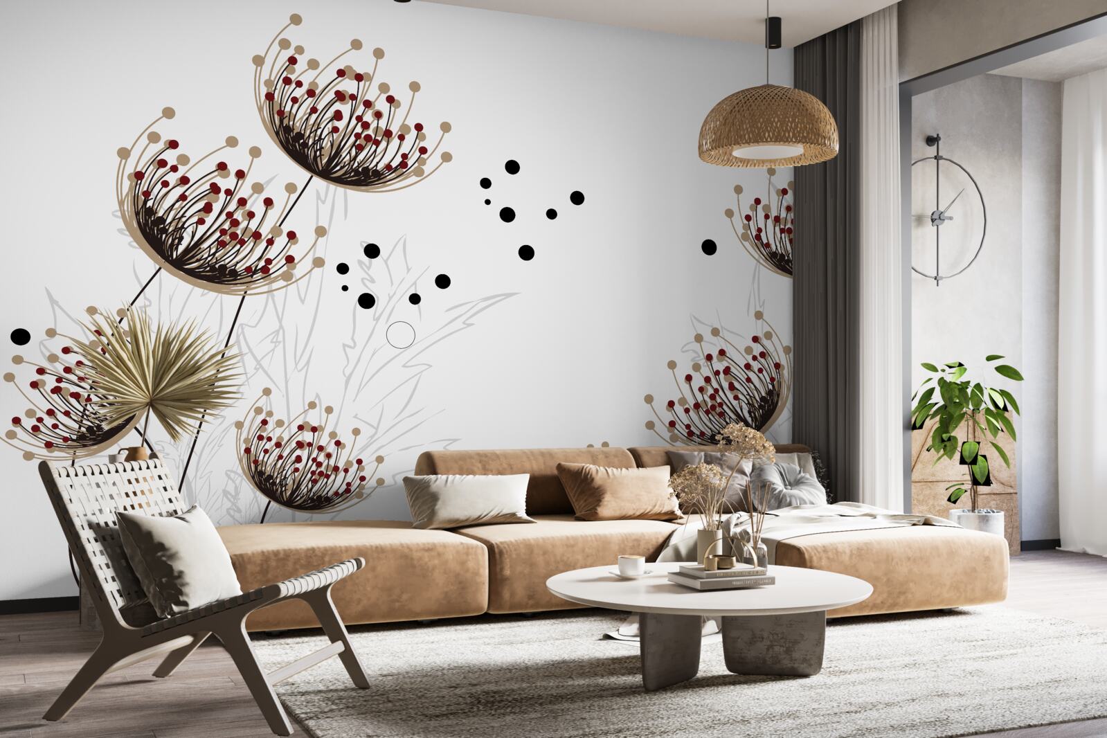 Fotobehang witte achtergrond versierd met paardenbloemen