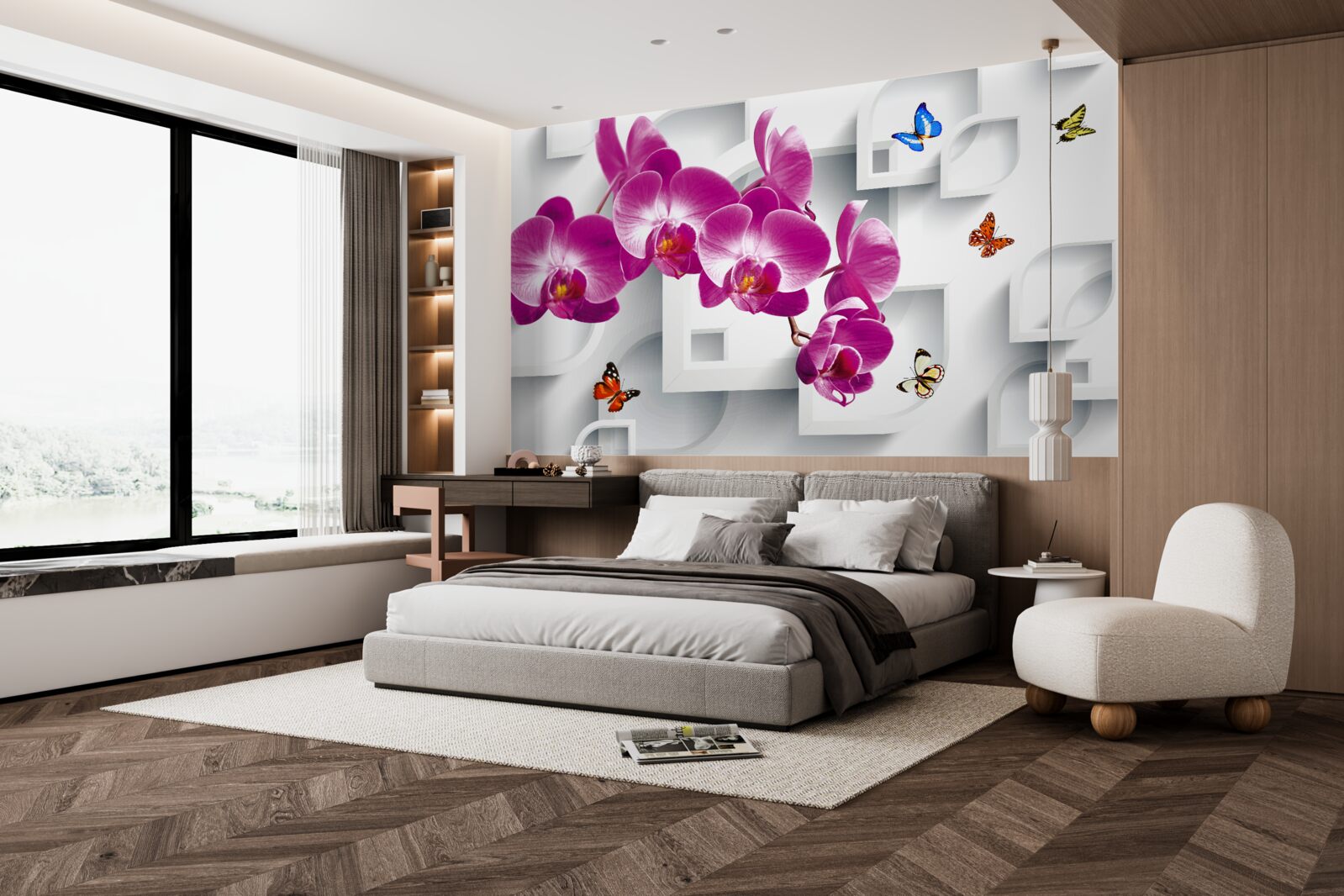 Fotobehang lila orchidee versierd met vlinders