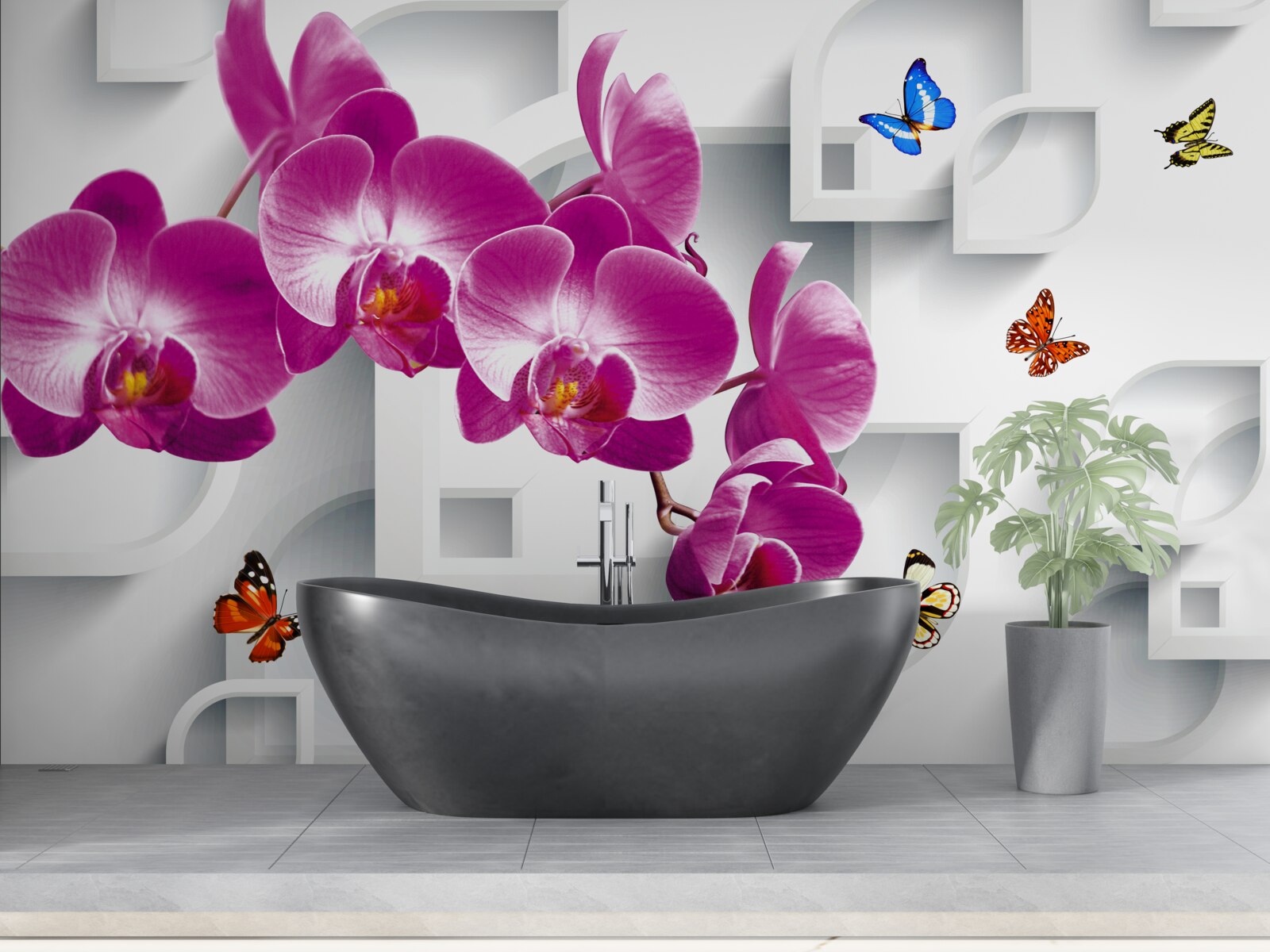 Fotobehang lila orchidee versierd met vlinders