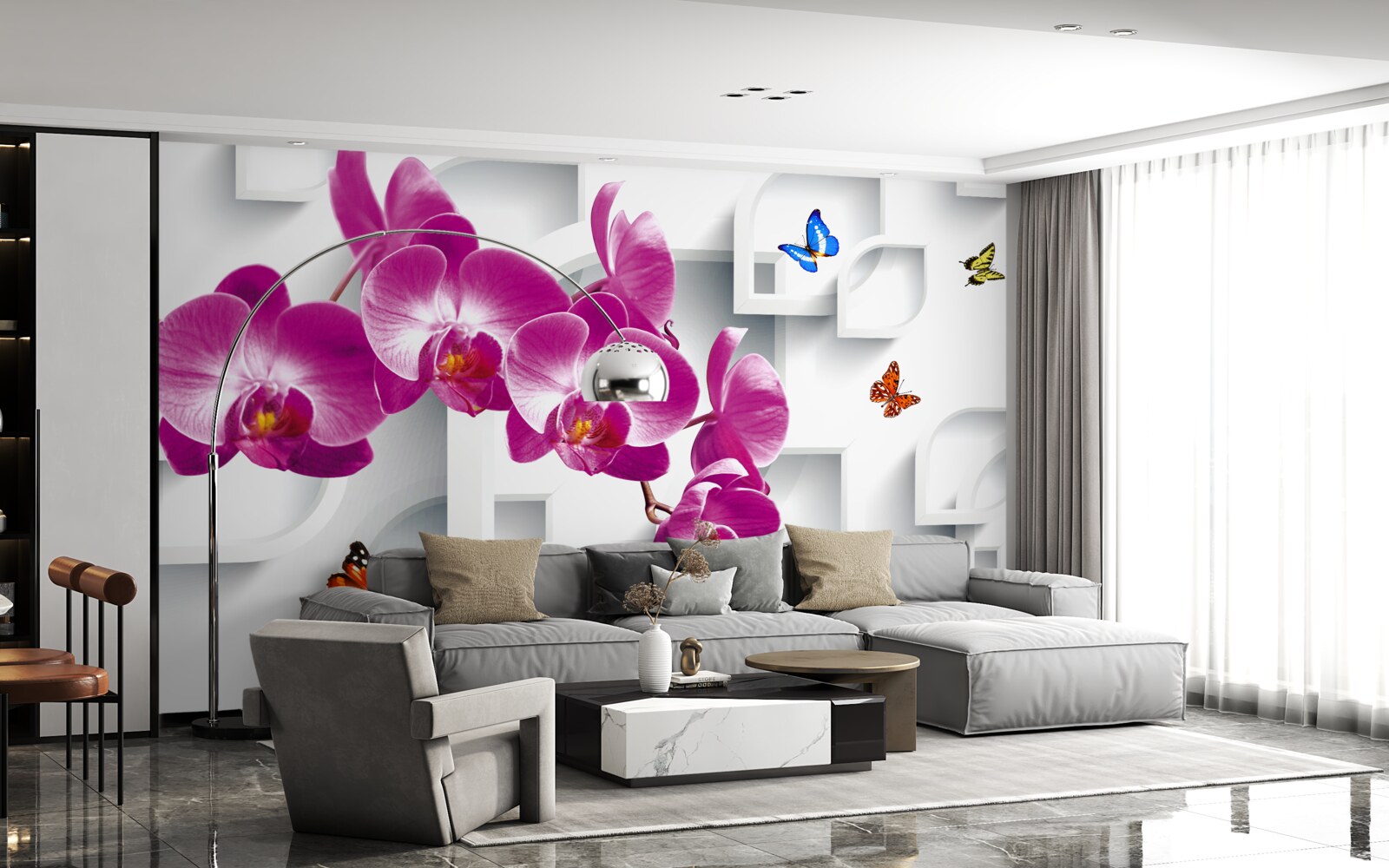 Fotobehang lila orchidee versierd met vlinders