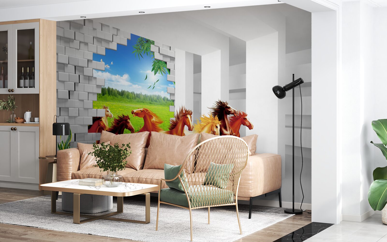 Fotobehang vertegenwoordigers van verschillende paardenrassen haasten zich uit de weide