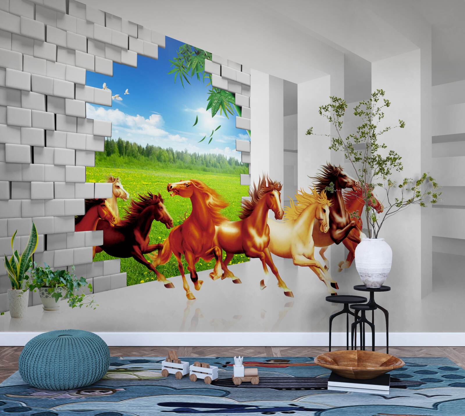 Fotobehang vertegenwoordigers van verschillende paardenrassen haasten zich uit de weide