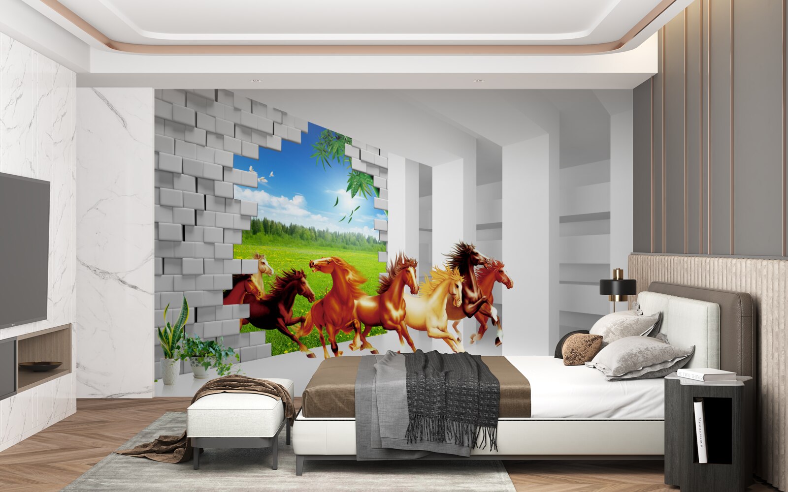 Fotobehang vertegenwoordigers van verschillende paardenrassen haasten zich uit de weide