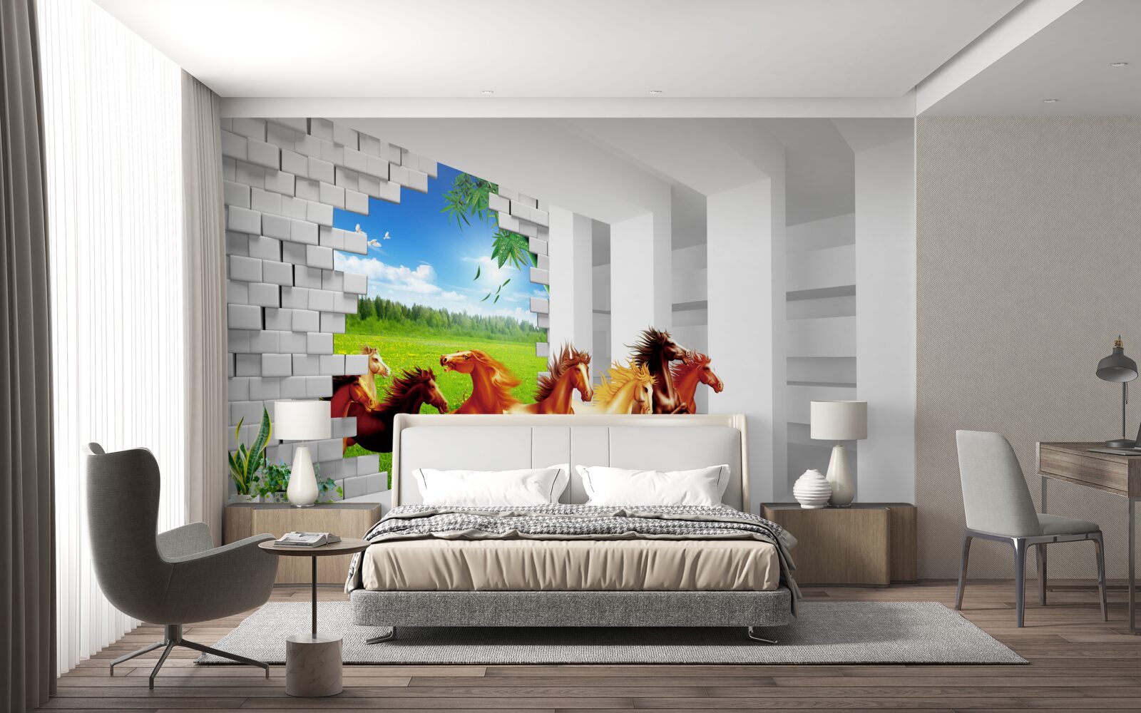 Fotobehang vertegenwoordigers van verschillende paardenrassen haasten zich uit de weide