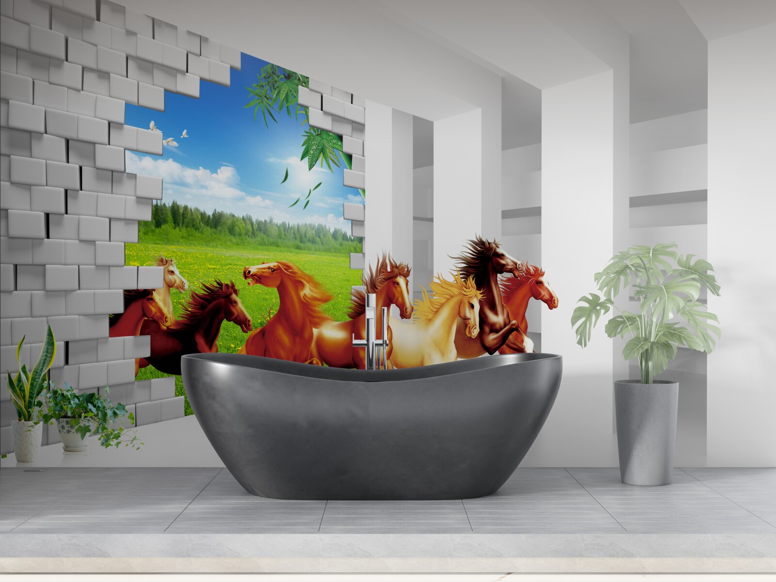 Fotobehang vertegenwoordigers van verschillende paardenrassen haasten zich uit de weide