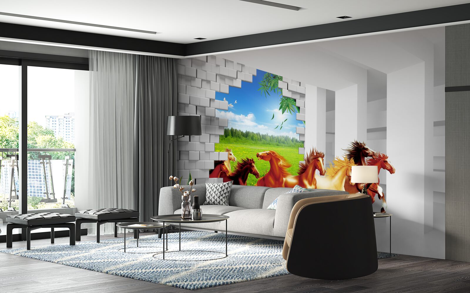 Fotobehang vertegenwoordigers van verschillende paardenrassen haasten zich uit de weide