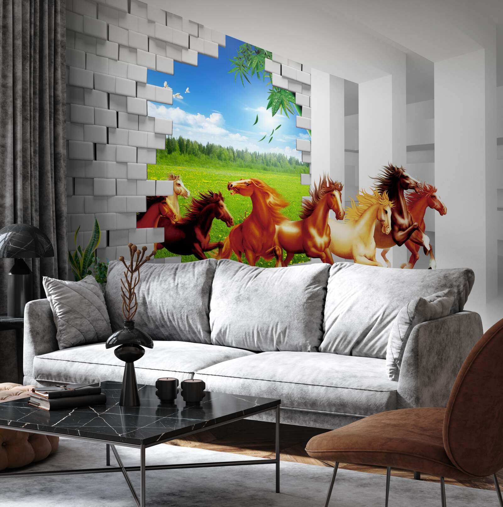 Fotobehang vertegenwoordigers van verschillende paardenrassen haasten zich uit de weide