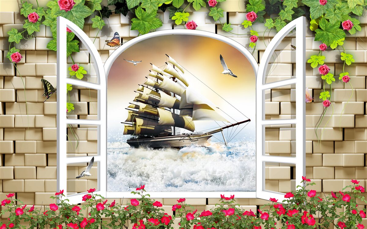 Fotobehang raam met panoramisch uitzicht op zeilboot