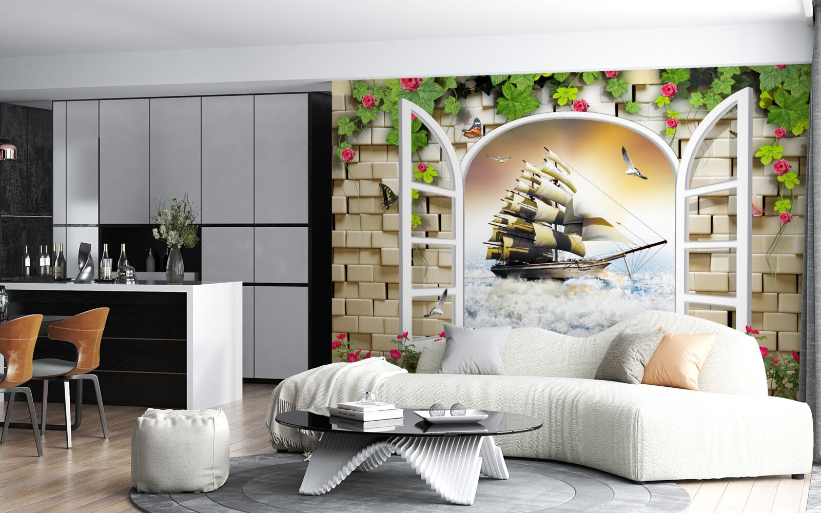 Fotobehang raam met panoramisch uitzicht op zeilboot