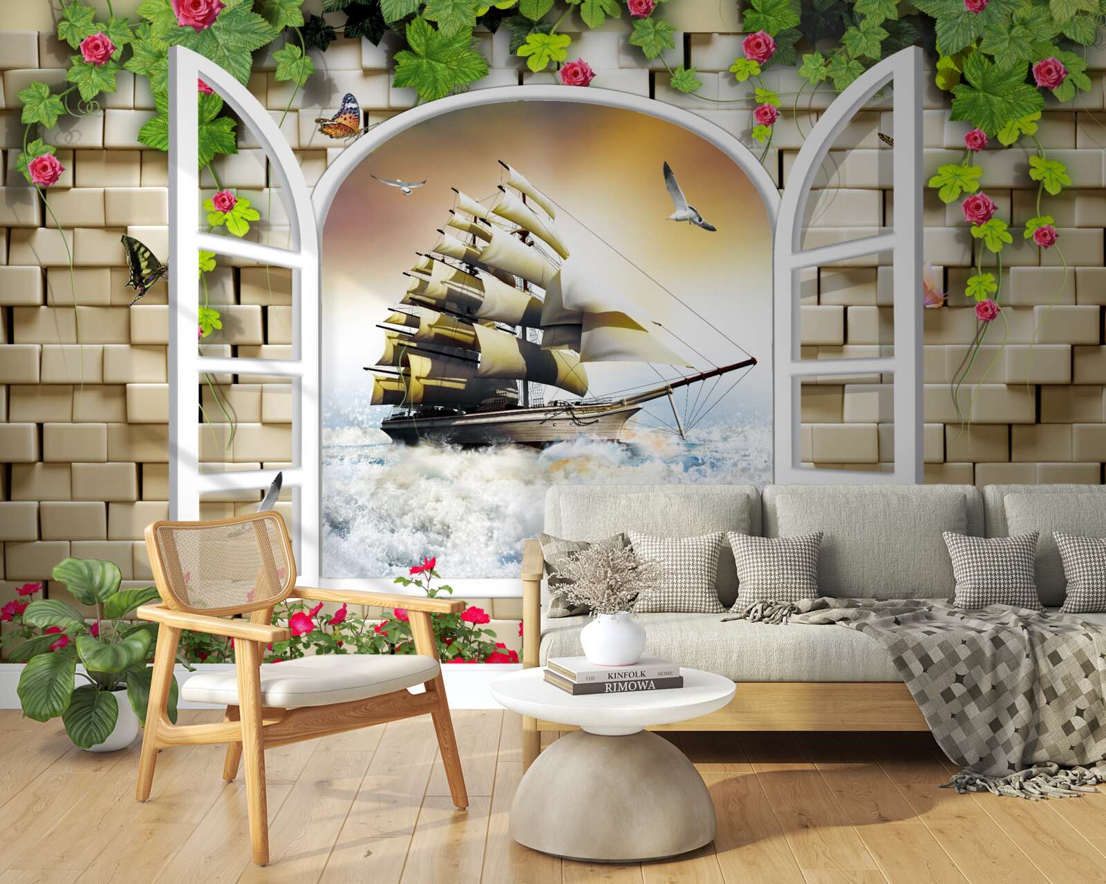 Fotobehang raam met panoramisch uitzicht op zeilboot