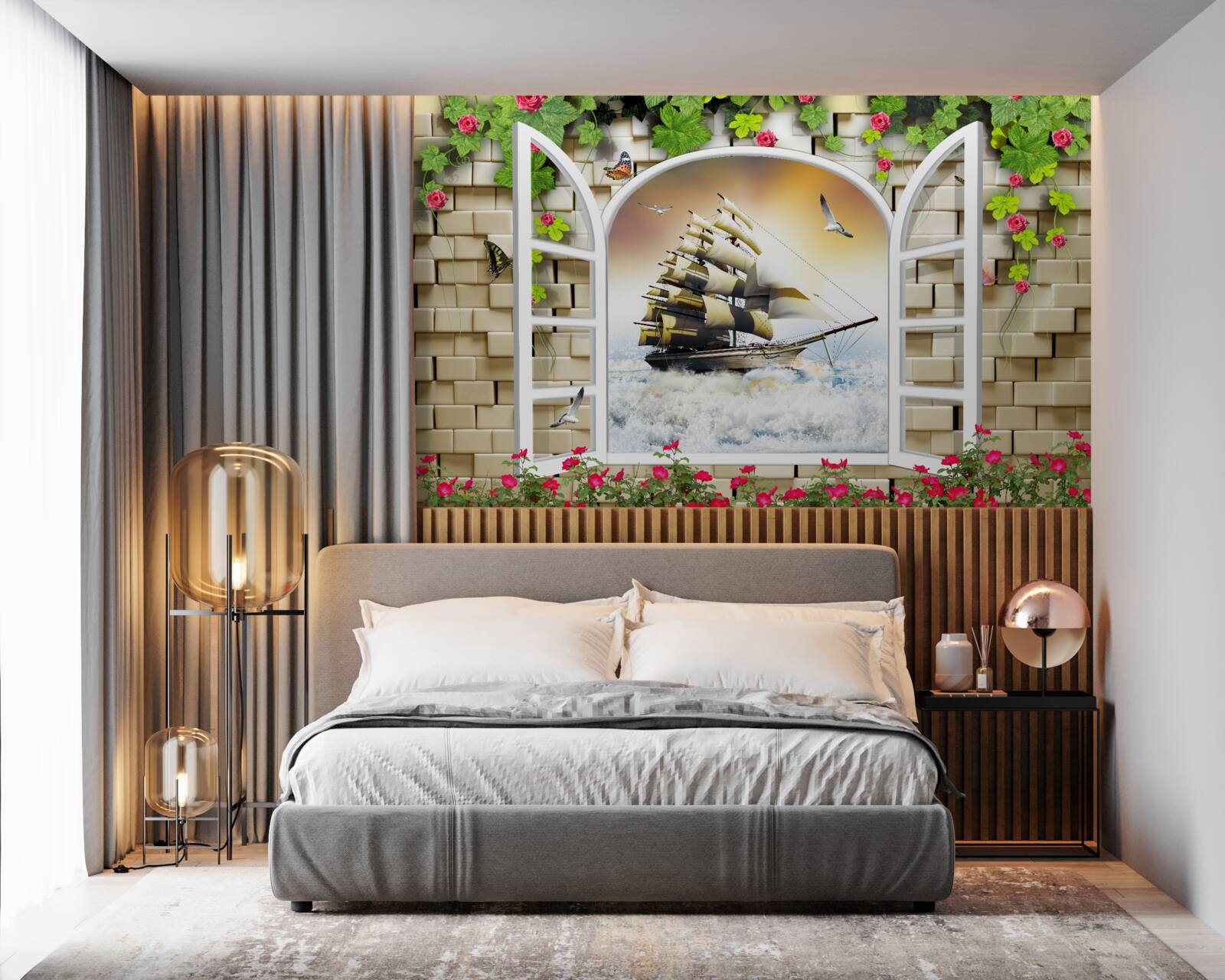 Fotobehang raam met panoramisch uitzicht op zeilboot