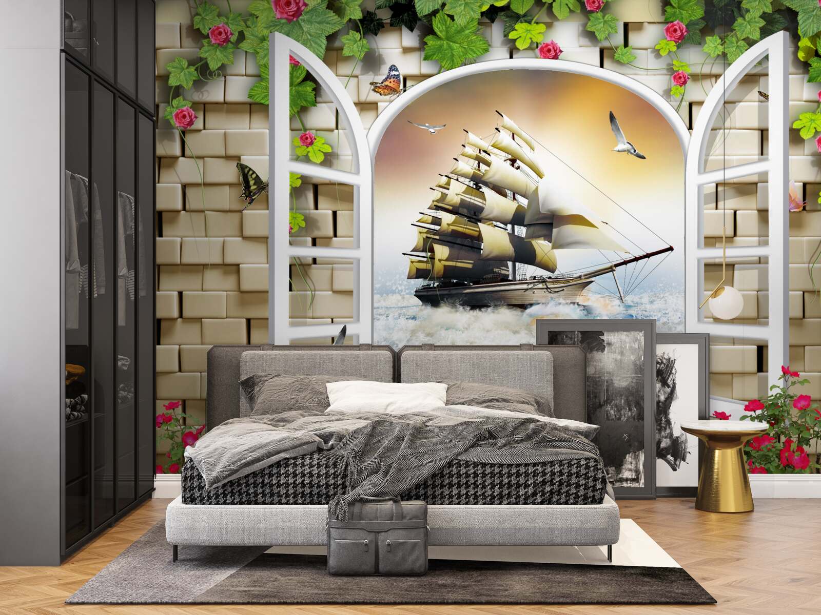 Fotobehang raam met panoramisch uitzicht op zeilboot