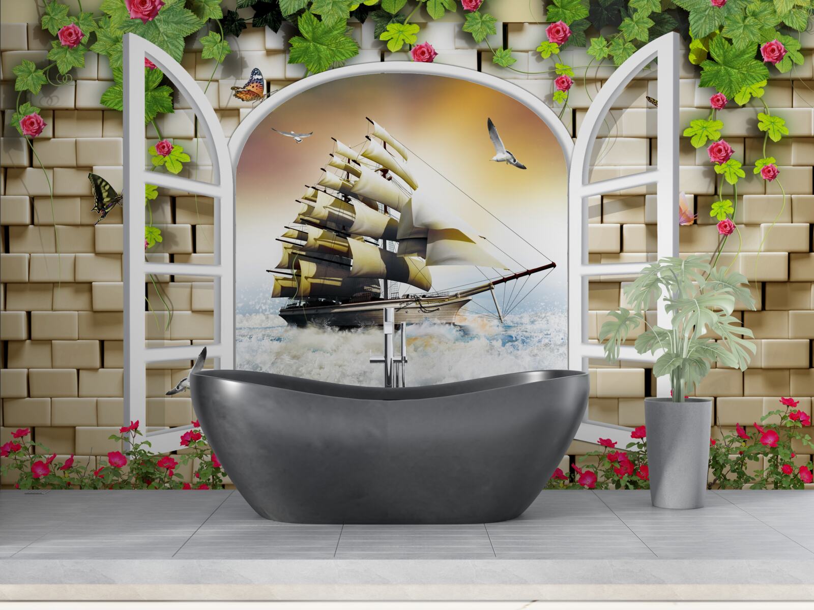 Fotobehang raam met panoramisch uitzicht op zeilboot