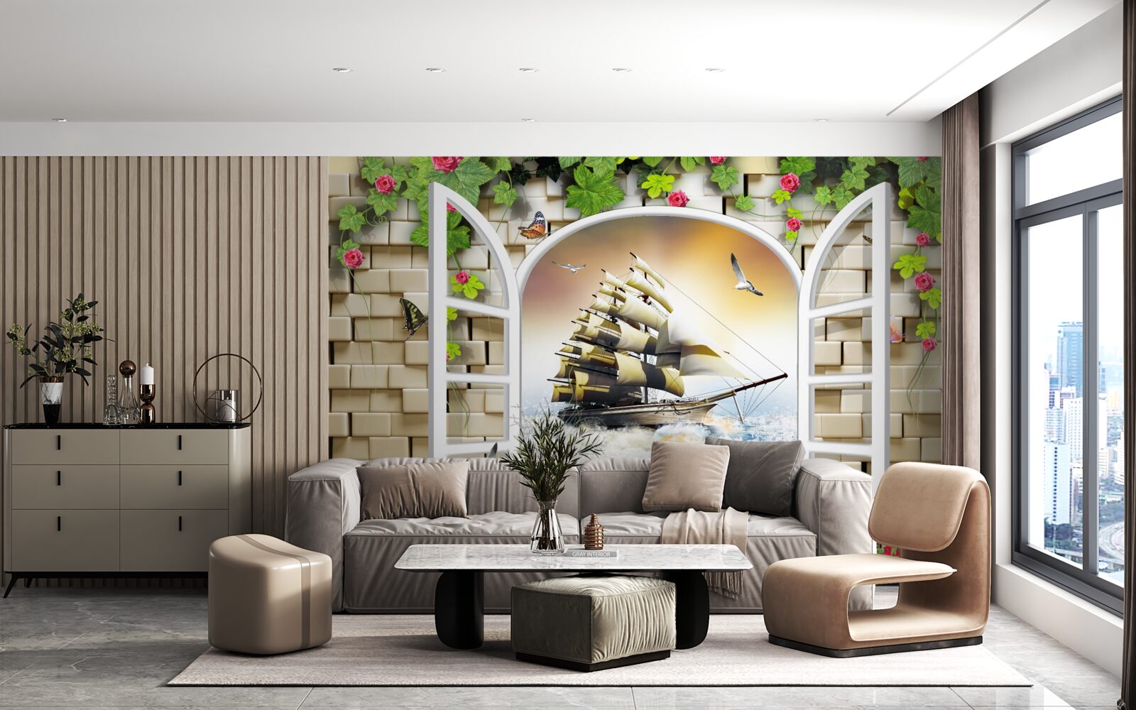 Fotobehang raam met panoramisch uitzicht op zeilboot