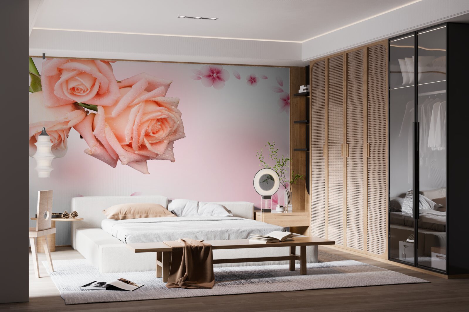 Fotobehang roze bloemen op een achtergrond van dezelfde kleur