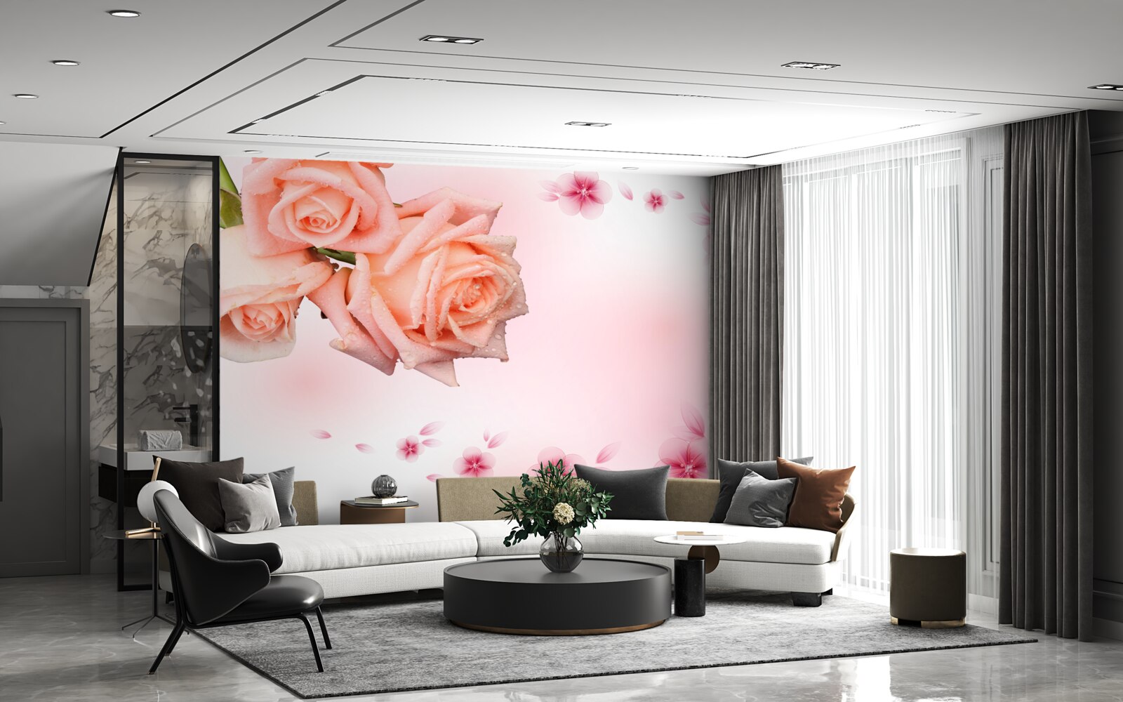 Fotobehang roze bloemen op een achtergrond van dezelfde kleur