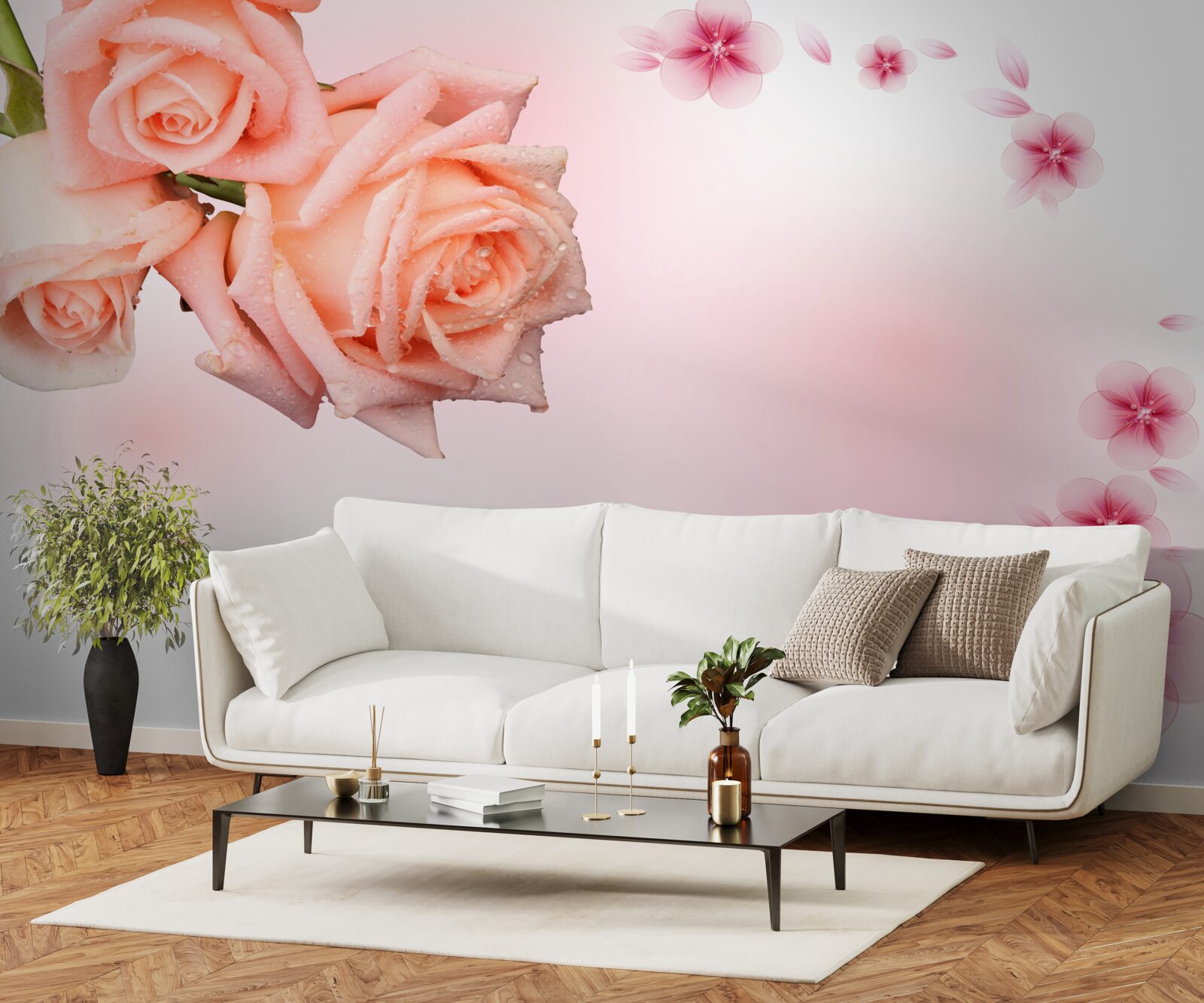 Fotobehang roze bloemen op een achtergrond van dezelfde kleur