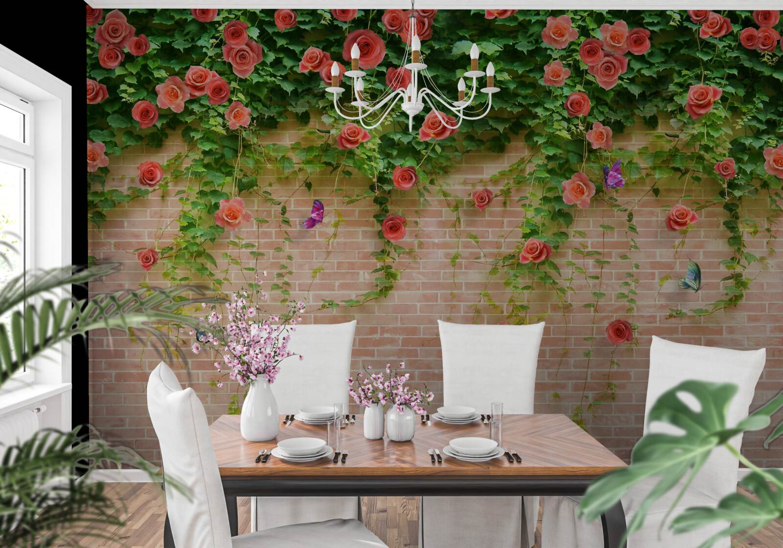 Fotobehang karmozijnrode bloemen op een bakstenen muur