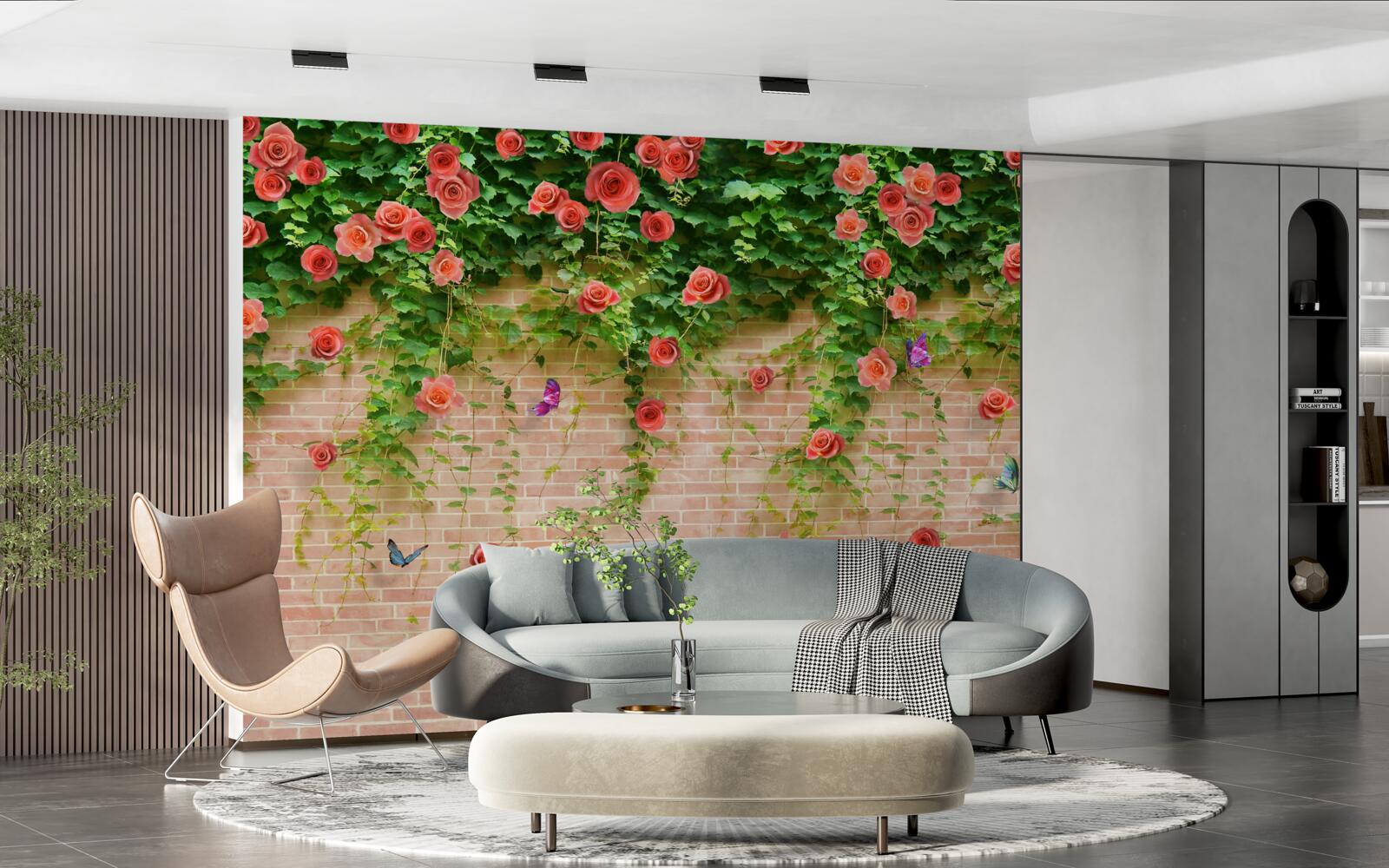 Fotobehang karmozijnrode bloemen op een bakstenen muur