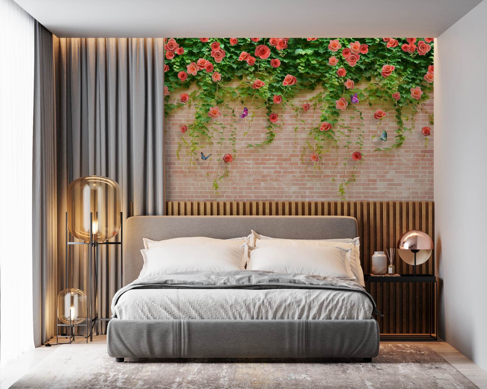 Fotobehang karmozijnrode bloemen op een bakstenen muur