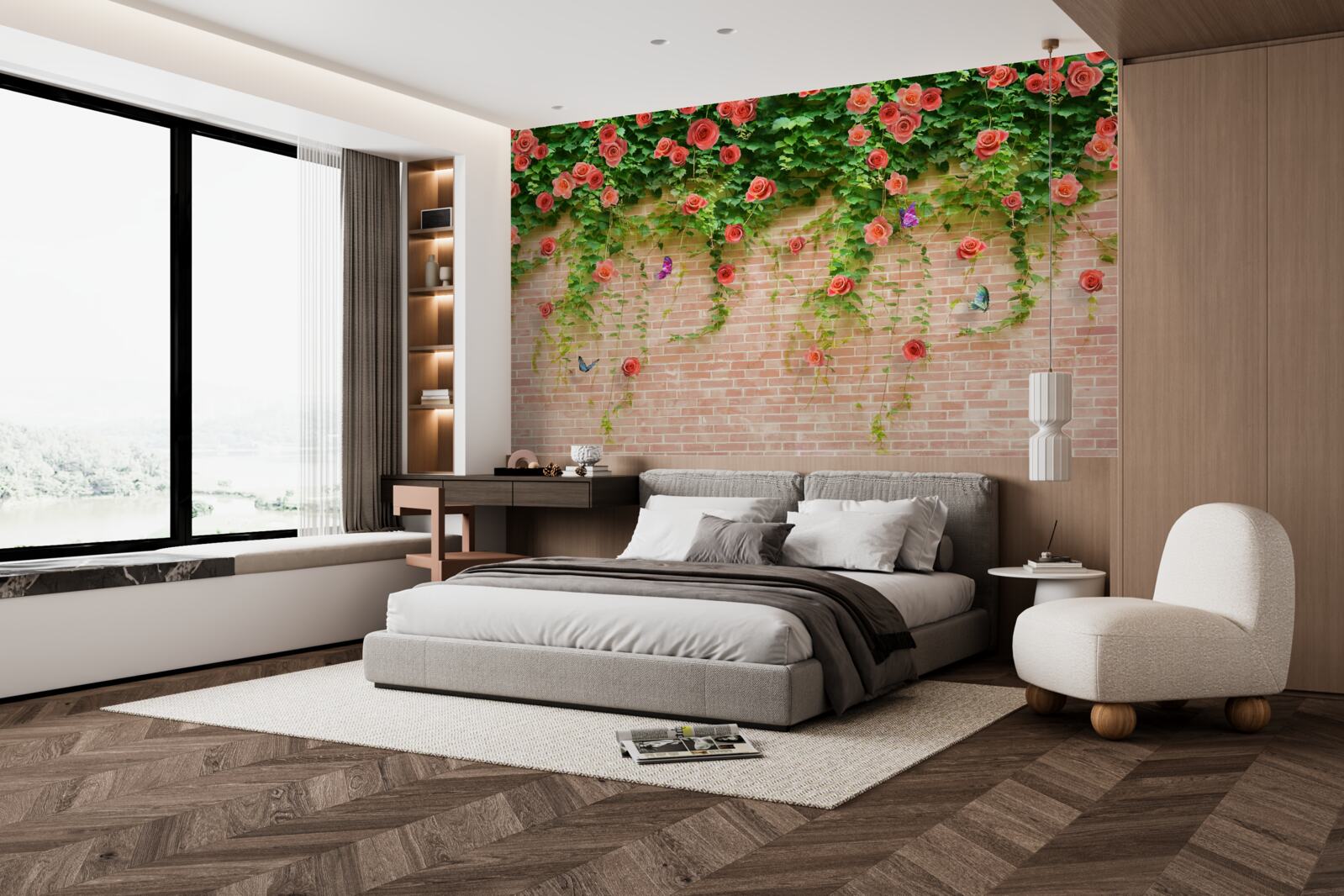 Fotobehang karmozijnrode bloemen op een bakstenen muur