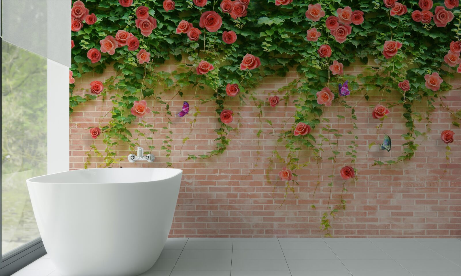 Fotobehang karmozijnrode bloemen op een bakstenen muur