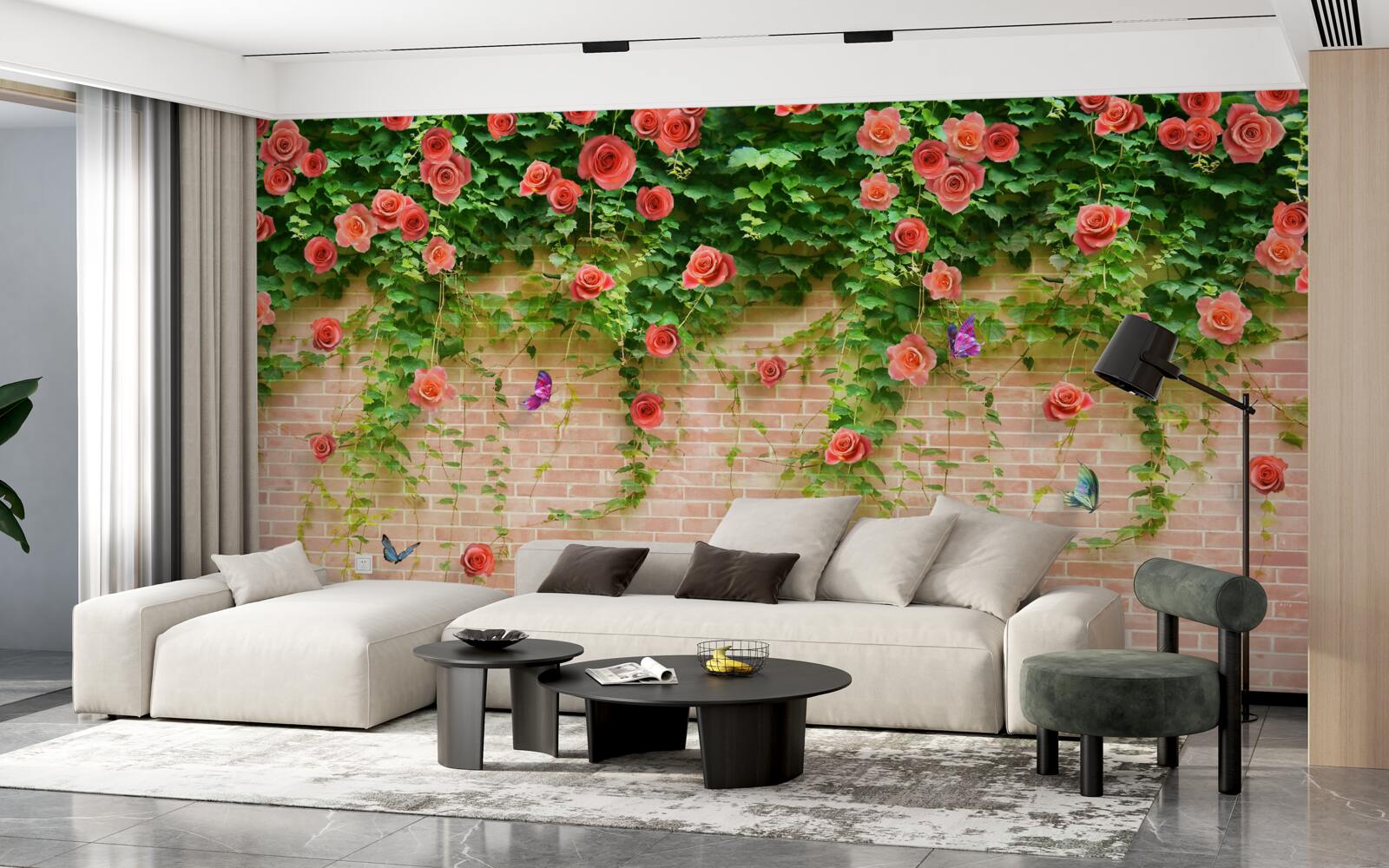 Fotobehang karmozijnrode bloemen op een bakstenen muur