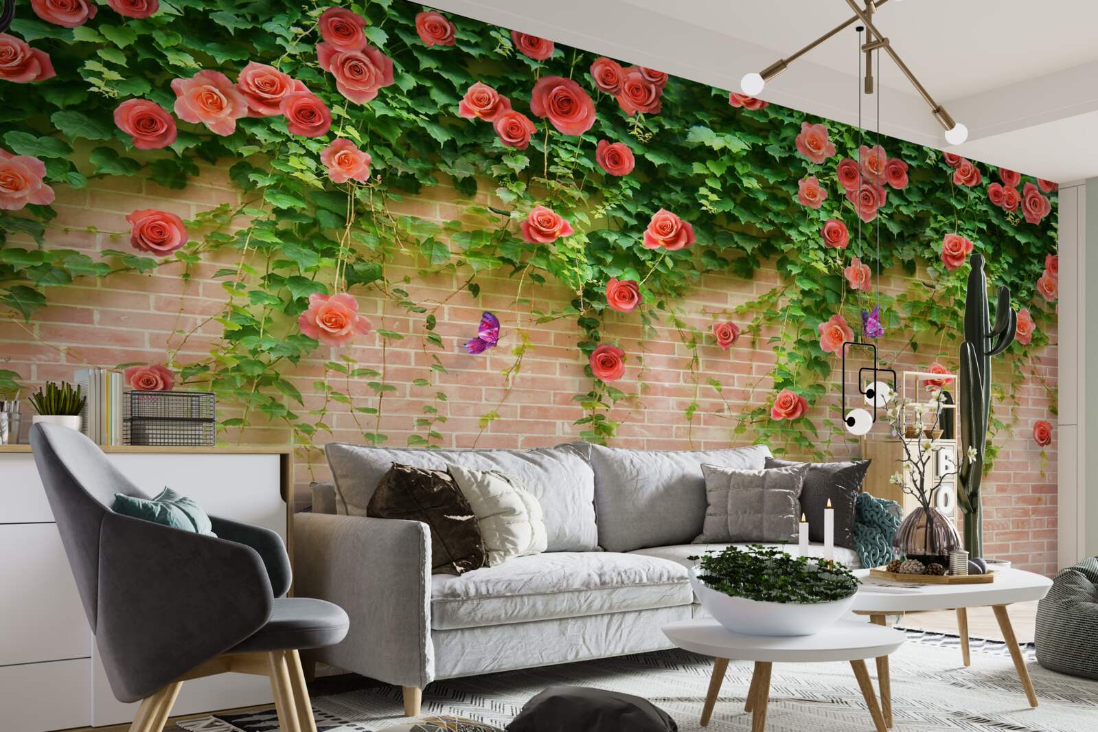 Fotobehang karmozijnrode bloemen op een bakstenen muur