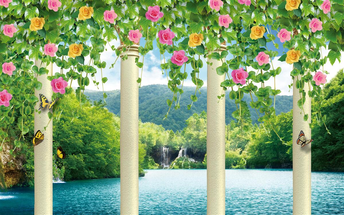 Fotobehang prachtig zicht op de waterval door de kleuren van de bloemen