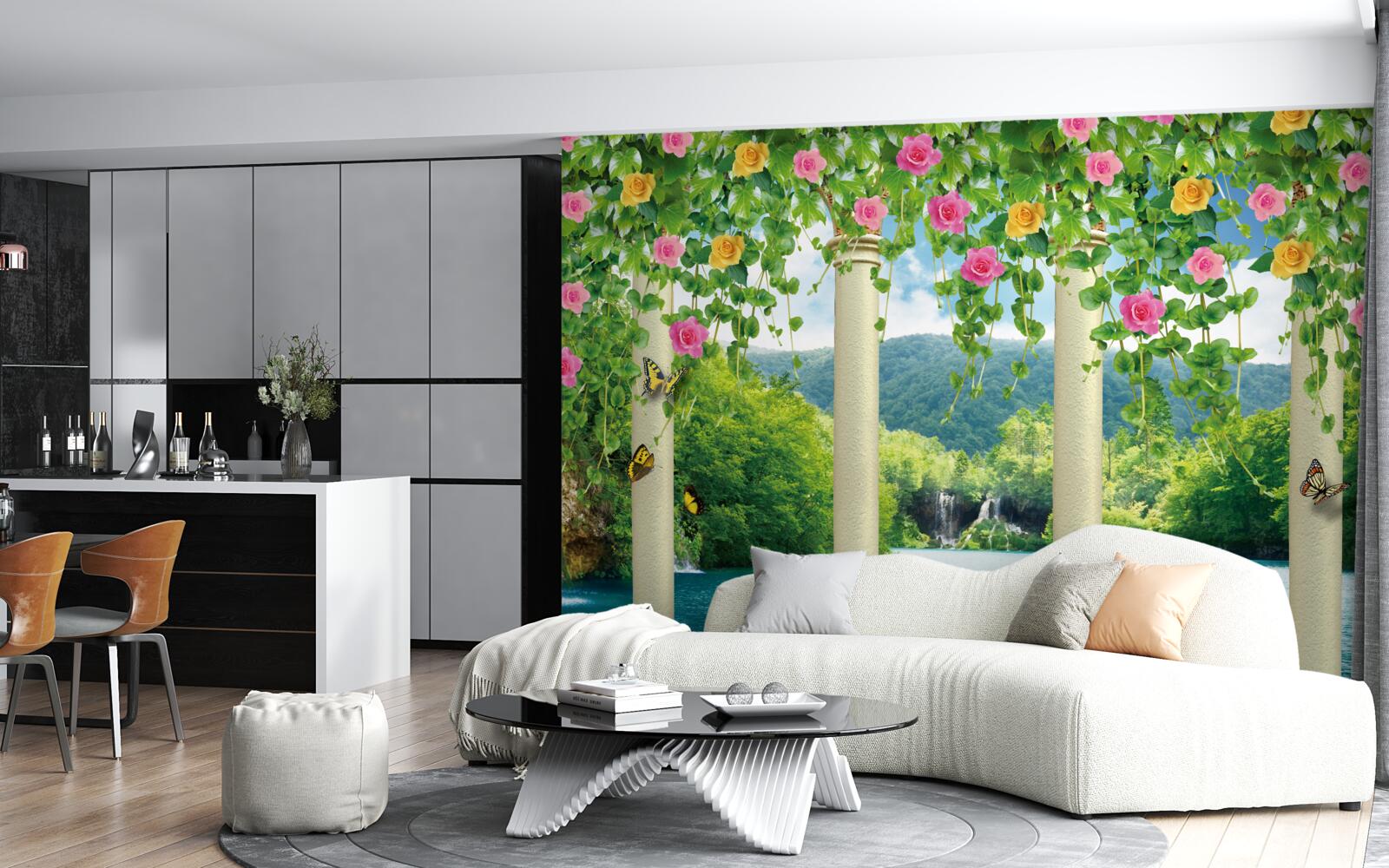 Fotobehang prachtig zicht op de waterval door de kleuren van de bloemen