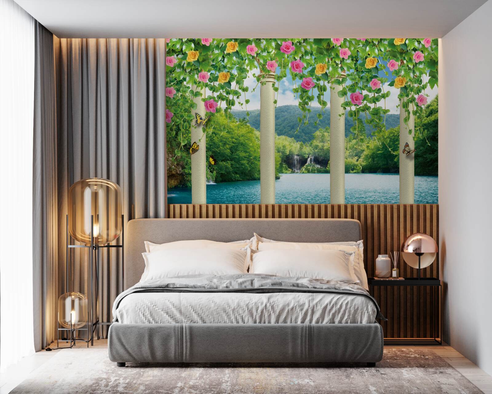 Fotobehang prachtig zicht op de waterval door de kleuren van de bloemen