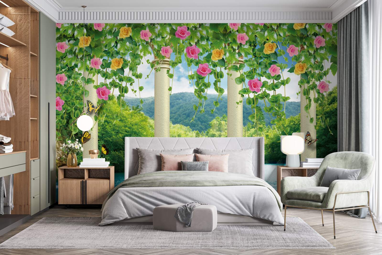 Fotobehang prachtig zicht op de waterval door de kleuren van de bloemen