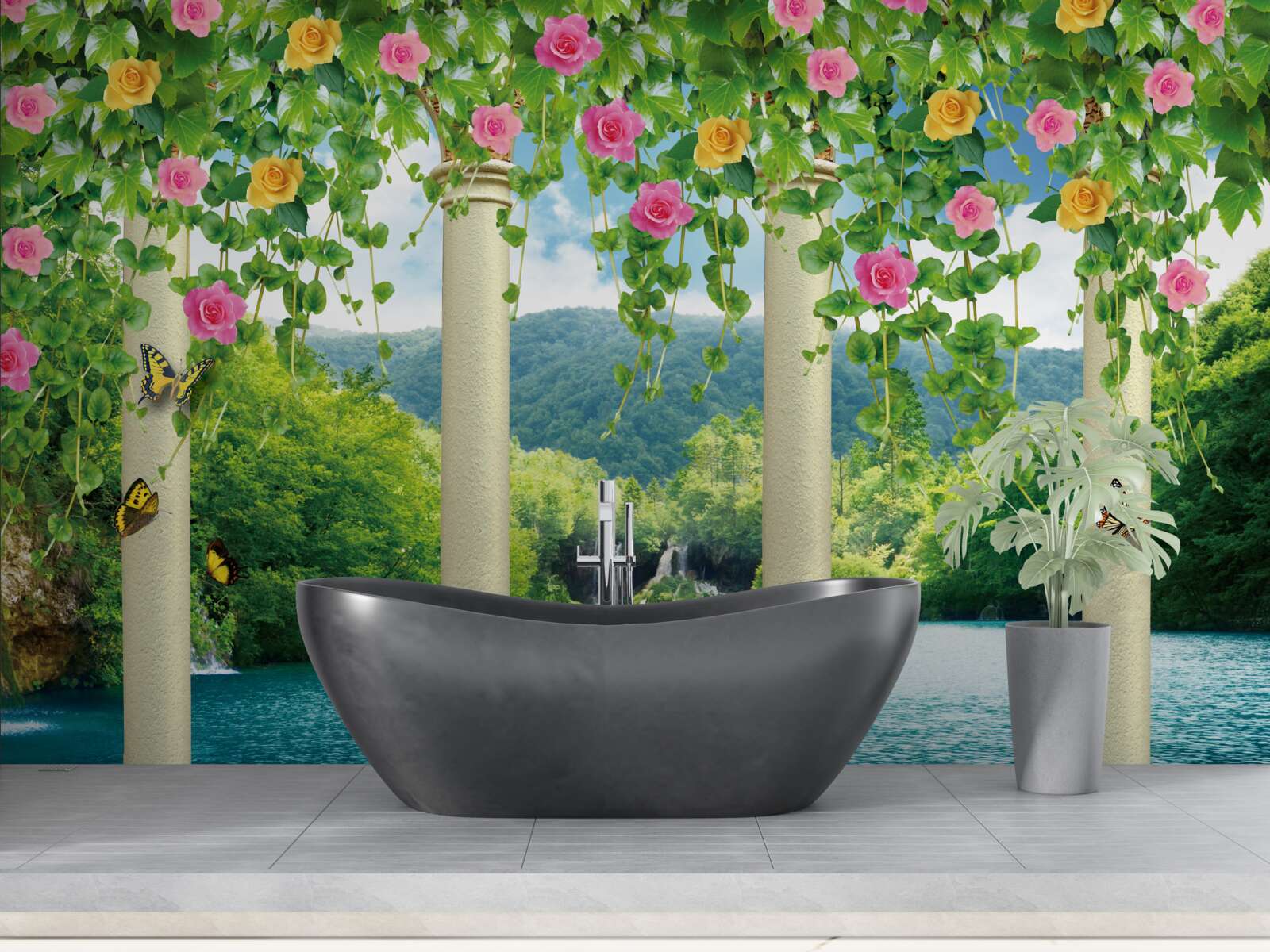 Fotobehang prachtig zicht op de waterval door de kleuren van de bloemen